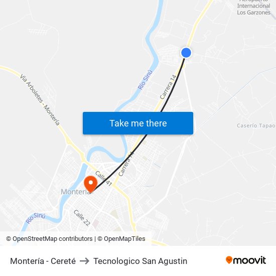 Montería - Cereté to Tecnologico San Agustin map