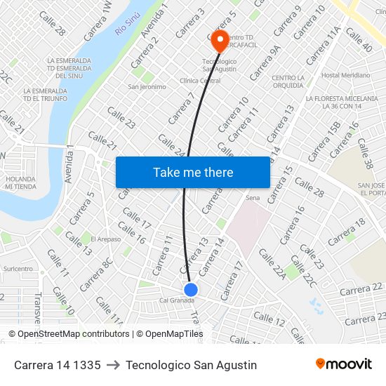 Carrera 14 1335 to Tecnologico San Agustin map