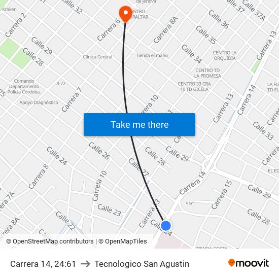 Carrera 14, 24:61 to Tecnologico San Agustin map