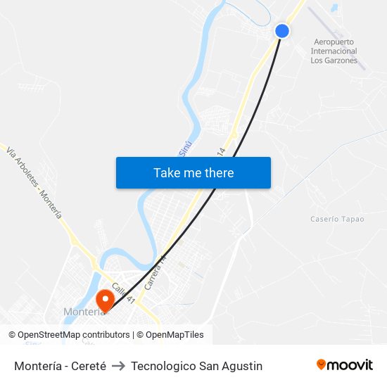 Montería - Cereté to Tecnologico San Agustin map