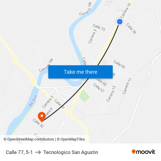 Calle 77, 5-1 to Tecnologico San Agustin map