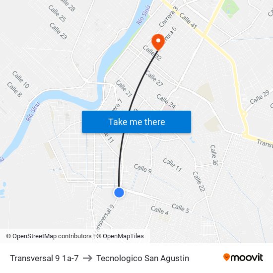 Transversal 9 1a-7 to Tecnologico San Agustin map