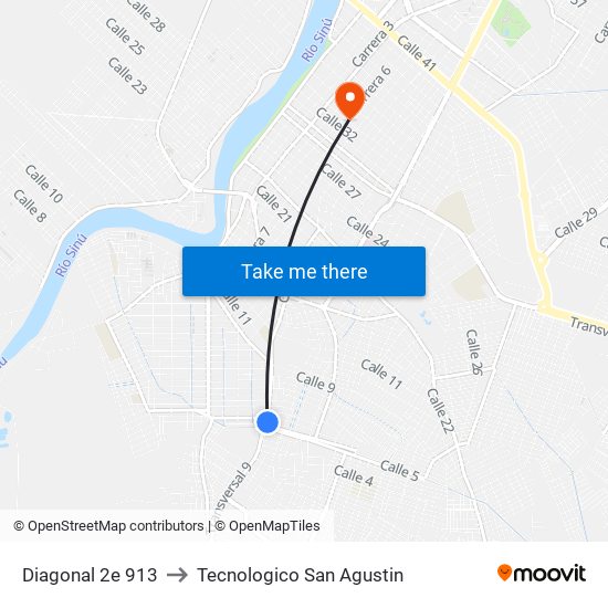 Diagonal 2e 913 to Tecnologico San Agustin map