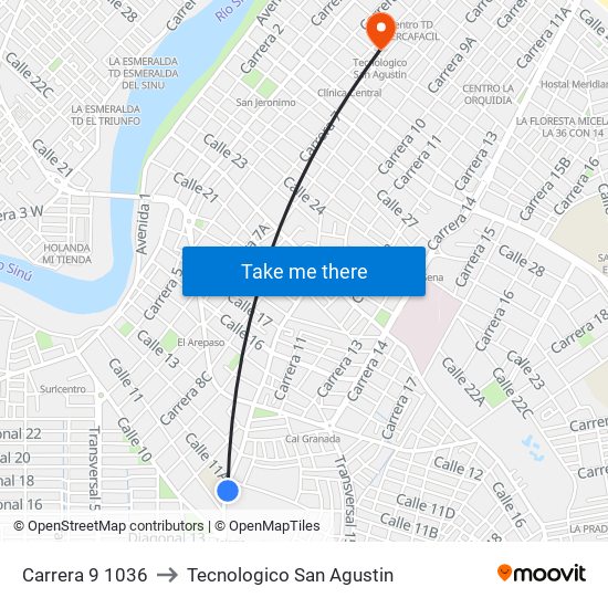 Carrera 9 1036 to Tecnologico San Agustin map