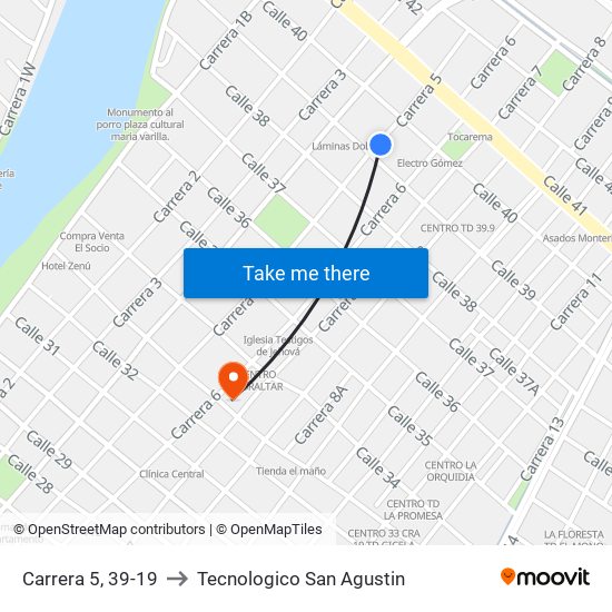 Carrera 5, 39-19 to Tecnologico San Agustin map