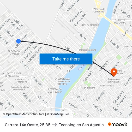 Carrera 14a Oeste, 25-35 to Tecnologico San Agustin map