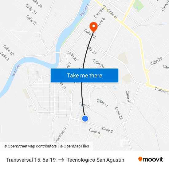 Transversal 15, 5a-19 to Tecnologico San Agustin map