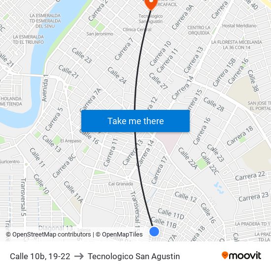 Calle 10b, 19-22 to Tecnologico San Agustin map