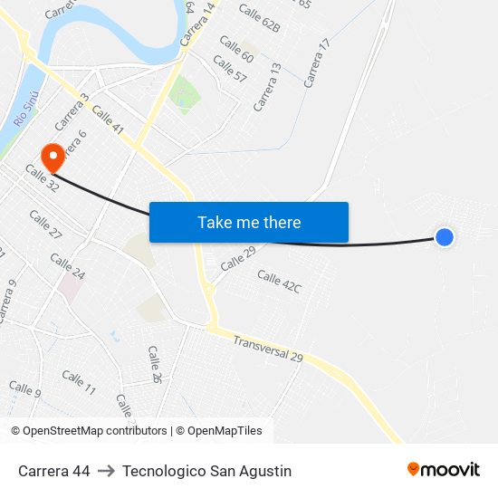 Carrera 44 to Tecnologico San Agustin map