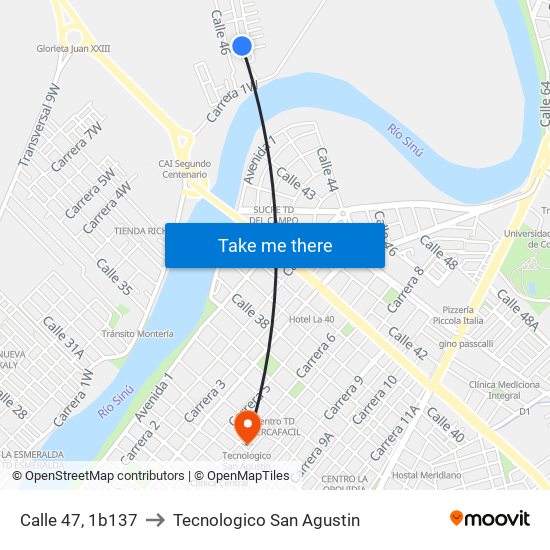 Calle 47, 1b137 to Tecnologico San Agustin map