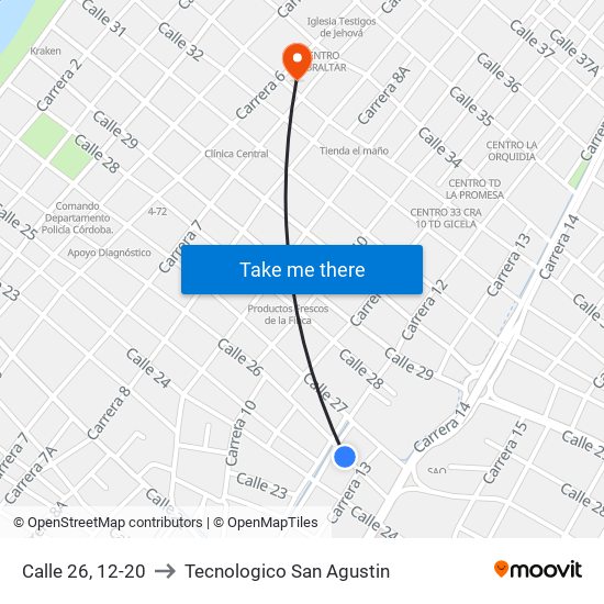 Calle 26, 12-20 to Tecnologico San Agustin map