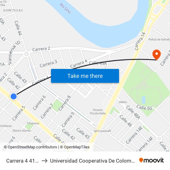 Carrera 4 41-2 to Universidad Cooperativa De Colombia map
