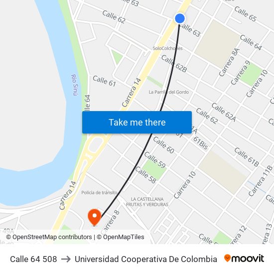 Calle 64 508 to Universidad Cooperativa De Colombia map