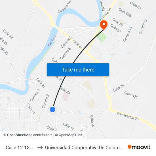 Calle 12 1328 to Universidad Cooperativa De Colombia map