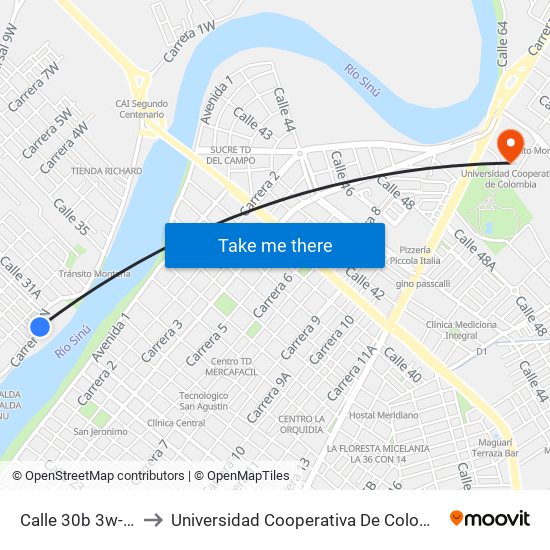 Calle 30b 3w-84 to Universidad Cooperativa De Colombia map