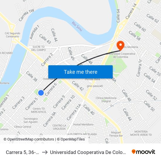 Carrera 5, 36-62 to Universidad Cooperativa De Colombia map