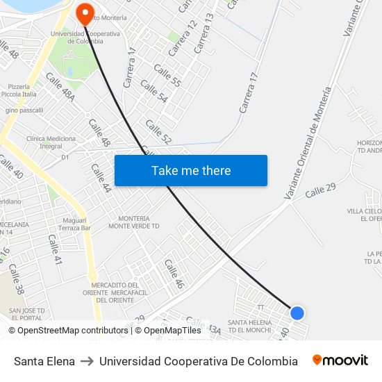 Santa Elena to Universidad Cooperativa De Colombia map