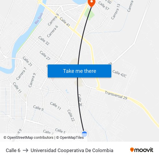 Calle 6 to Universidad Cooperativa De Colombia map
