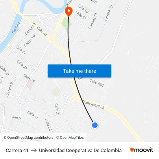 Carrera 41 to Universidad Cooperativa De Colombia map
