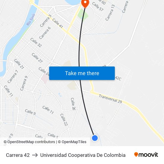 Carrera 42 to Universidad Cooperativa De Colombia map