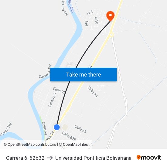 Carrera 6, 62b32 to Universidad Pontificia Bolivariana map