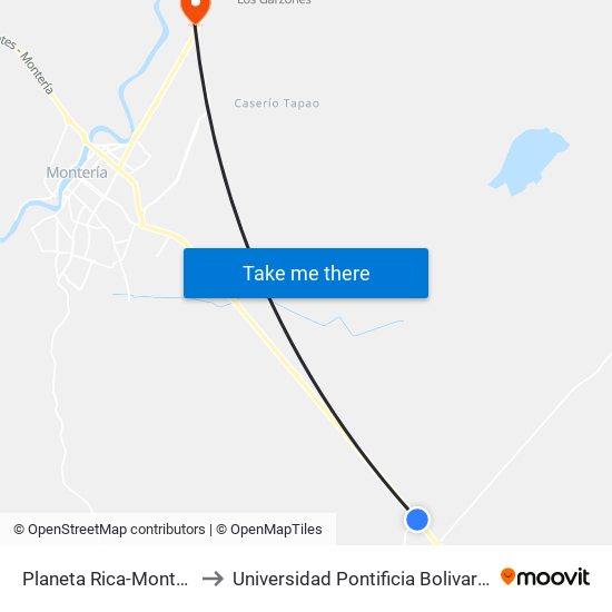 Planeta Rica-Monteria to Universidad Pontificia Bolivariana map