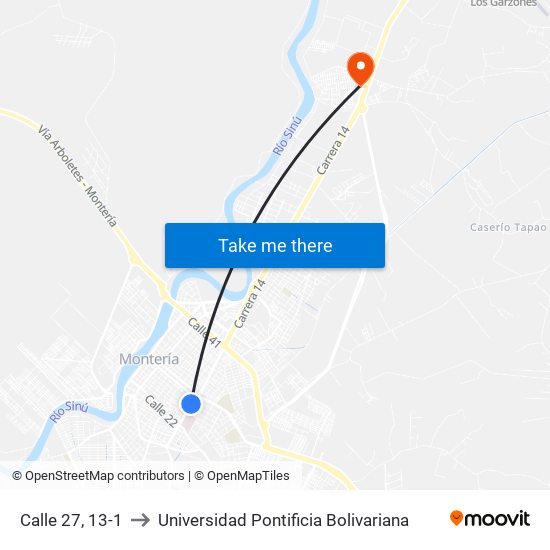 Calle 27, 13-1 to Universidad Pontificia Bolivariana map