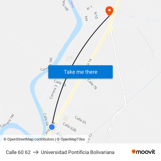 Calle 60 62 to Universidad Pontificia Bolivariana map