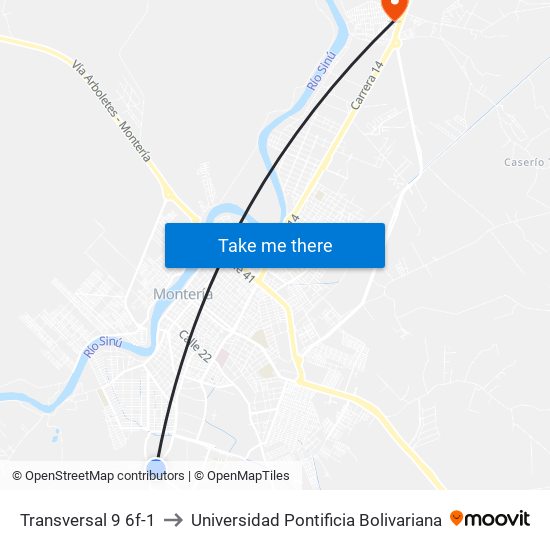 Transversal 9 6f-1 to Universidad Pontificia Bolivariana map