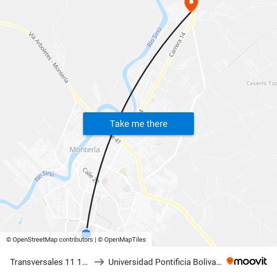 Transversales 11 1a-54 to Universidad Pontificia Bolivariana map