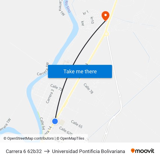 Carrera 6 62b32 to Universidad Pontificia Bolivariana map