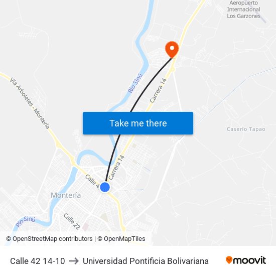 Calle 42 14-10 to Universidad Pontificia Bolivariana map