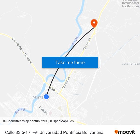 Calle 33 5-17 to Universidad Pontificia Bolivariana map