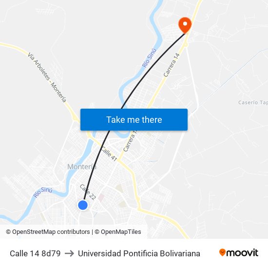 Calle 14 8d79 to Universidad Pontificia Bolivariana map