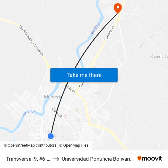 Transversal 9, #6-35 to Universidad Pontificia Bolivariana map