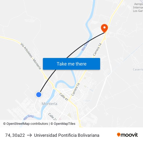 74, 30a22 to Universidad Pontificia Bolivariana map