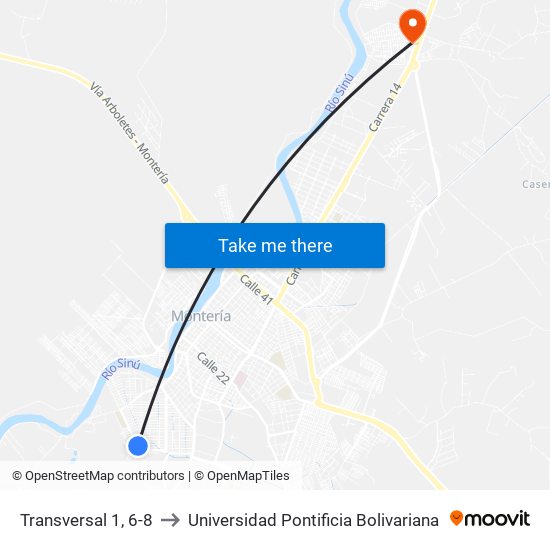 Transversal 1, 6-8 to Universidad Pontificia Bolivariana map