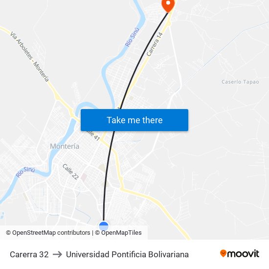 Carerra 32 to Universidad Pontificia Bolivariana map