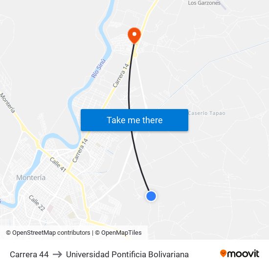 Carrera 44 to Universidad Pontificia Bolivariana map