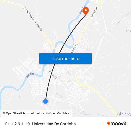 Calle 2 9-1 to Universidad De Córdoba map