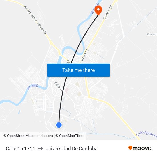 Calle 1a 1711 to Universidad De Córdoba map