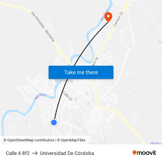 Calle 4 8f2 to Universidad De Córdoba map