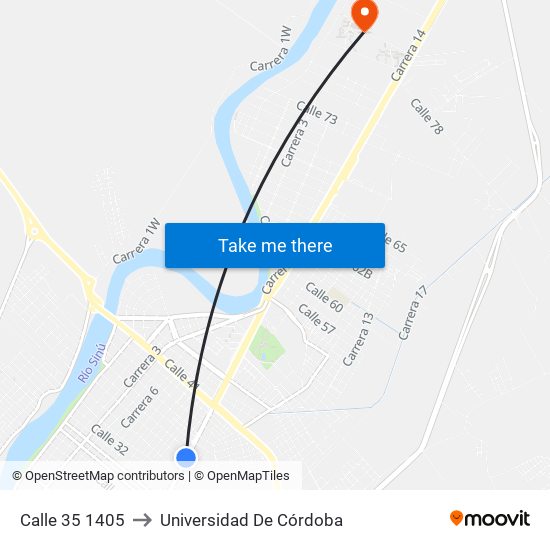 Calle 35 1405 to Universidad De Córdoba map