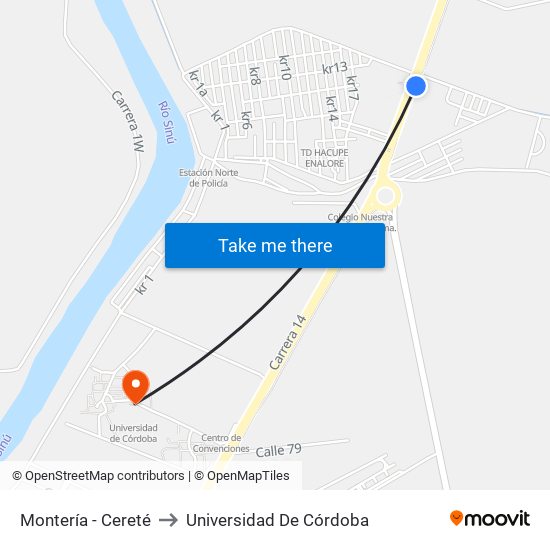Montería - Cereté to Universidad De Córdoba map