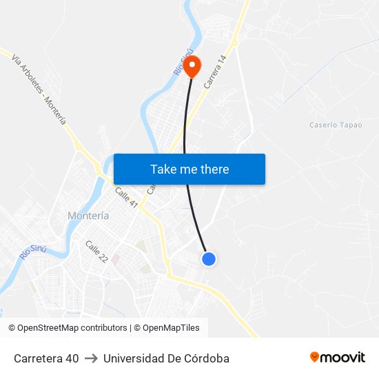 Carretera 40 to Universidad De Córdoba map