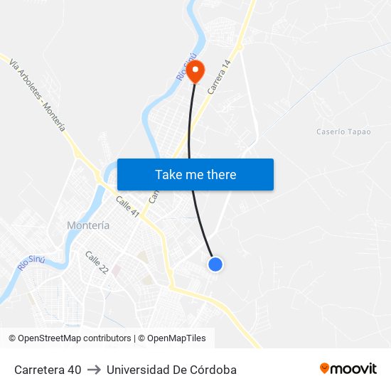 Carretera 40 to Universidad De Córdoba map