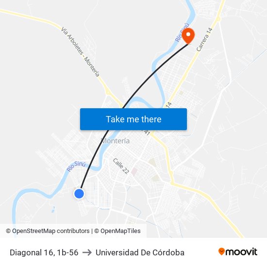 Diagonal 16, 1b-56 to Universidad De Córdoba map