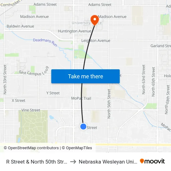 R Street & North 50th Street, NE to Nebraska Wesleyan University map