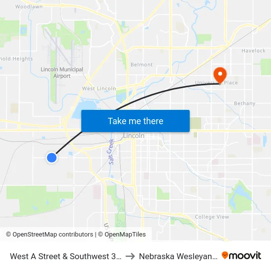 West A Street & Southwest 30th Street, SW to Nebraska Wesleyan University map