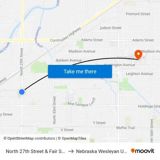 North 27th Street & Fair Street, SW to Nebraska Wesleyan University map